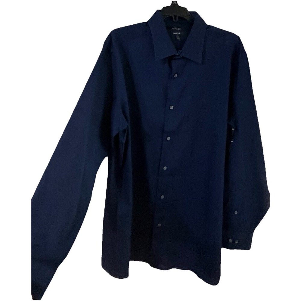 Y2K Navy APT9 Slim Fit Button Up LS Shirt 17.5 X 34 35 Point Collar Woven Casual